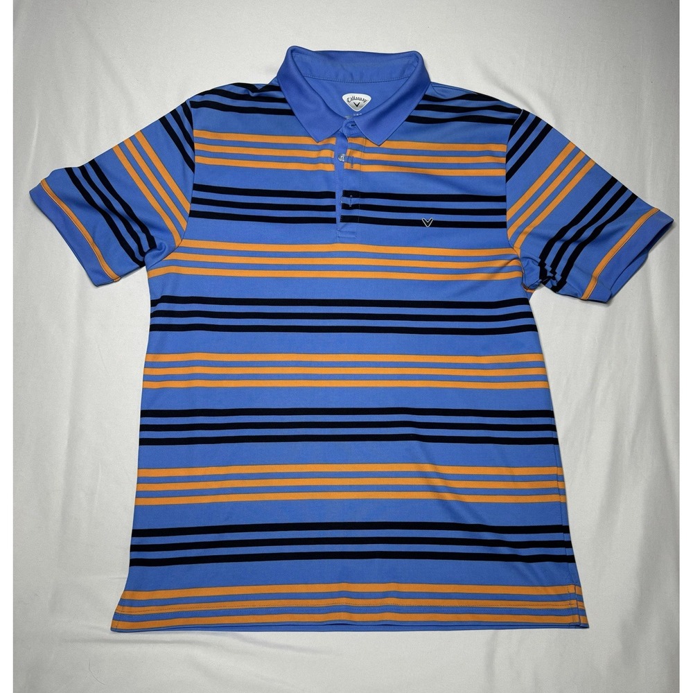 Men's Callaway Golf Polo Summer Shirt L Blue Black And‎ Orange Stripe